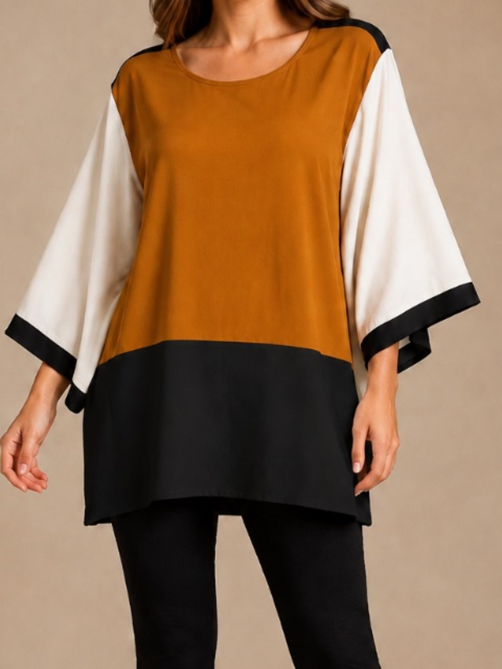 P. Luca Milano Colorblock Oversized Tunic Blouse Rust Tan White Black